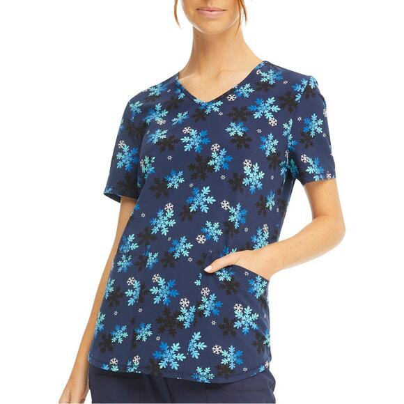 Scrubstar Navy Teal Snowflake V-Neck 4-Way Stretch Scrub Top Winter Print - Picture 5 of 10